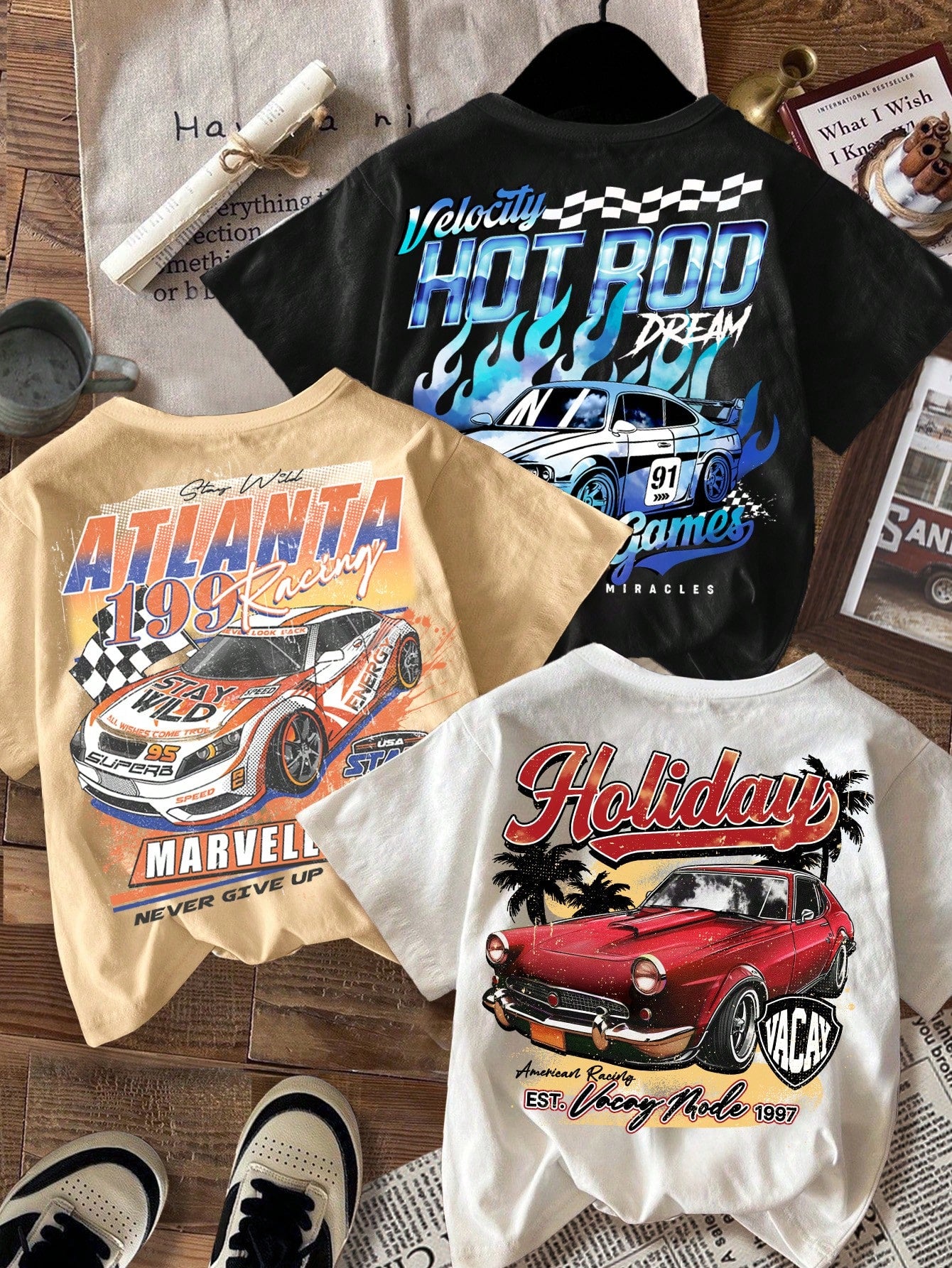 Set Of 3 Vintage Car And Motorcycle Print Round Neck Short Sleeve T-Shirt, Casual And Retro For Tween Boys, Summer