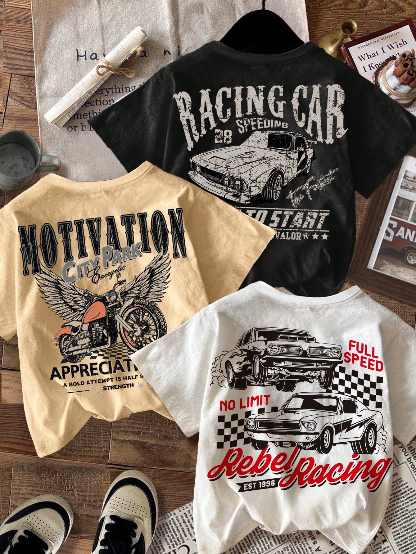 Set Of 3 Vintage Car And Motorcycle Print Round Neck Short Sleeve T-Shirt, Casual And Retro For Tween Boys, Summer