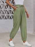 Women Elastic Waistband Drawstring Cuff Cropped Pants With Pockets, Made Of Washed Cotton And Traceable Cotton, Suitable For Summer.