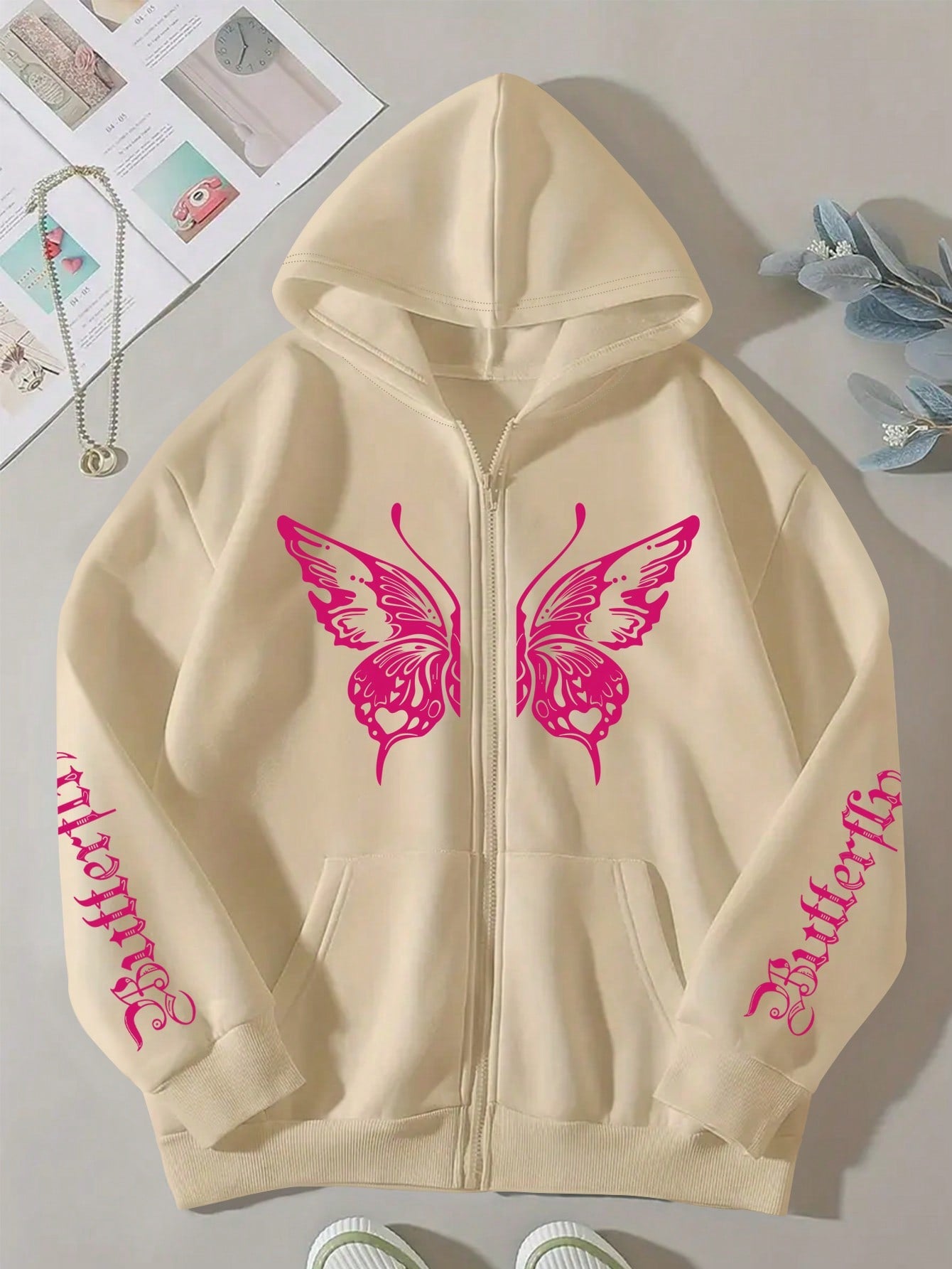 Women Butterfly Printed Casual Loose Shoulder Long Sleeve Hoodie Jacket