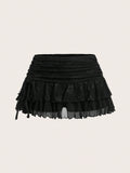 Ultra Low-Waist Lace & Mesh Double-Layer Pleated Wrap-Tie High-Slit Women's Skirt