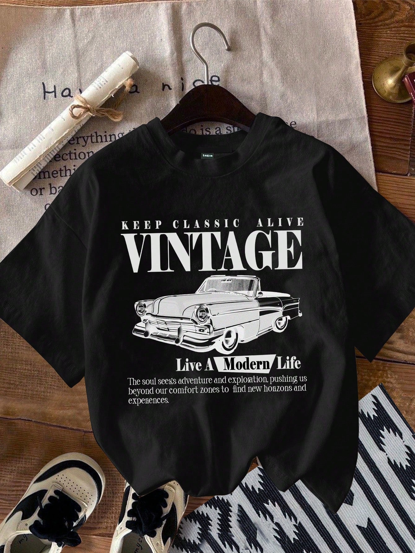 Casual Retro Car Printed White Round Neck Slim Fit Women's T-Shirt, Summer KEEP CLASSIC ALIVE VINTAGE Live A Modern Life The Soul Seeks Adventure And Exploration, Pushing Us Beyond Our Comfort Zones To Find New Horizons And Experiences
