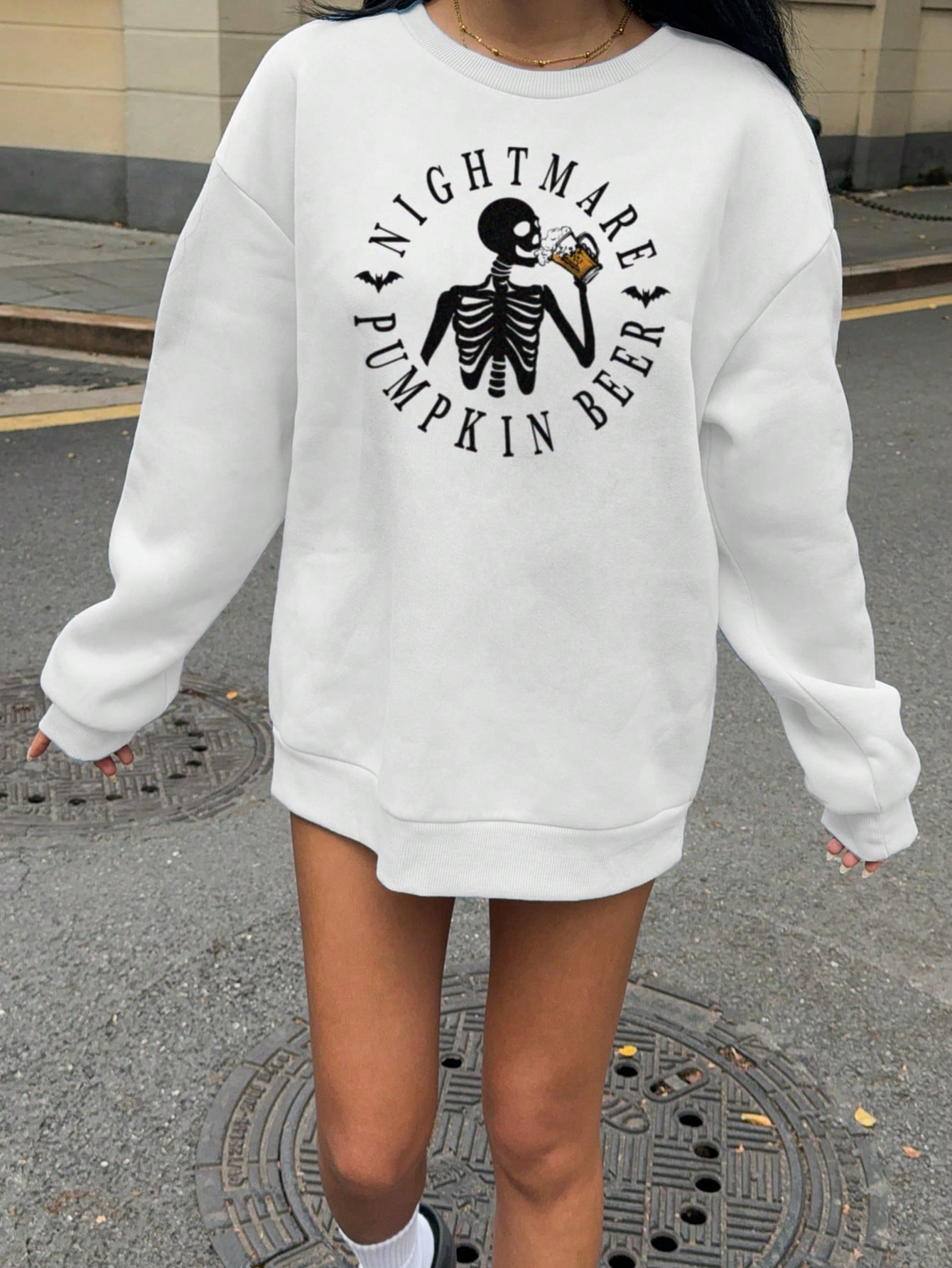 Casual & Simple Thermal Image Print Oversized Crew Neck Sweatshirt For Women, Suitable For Autumn/Winter