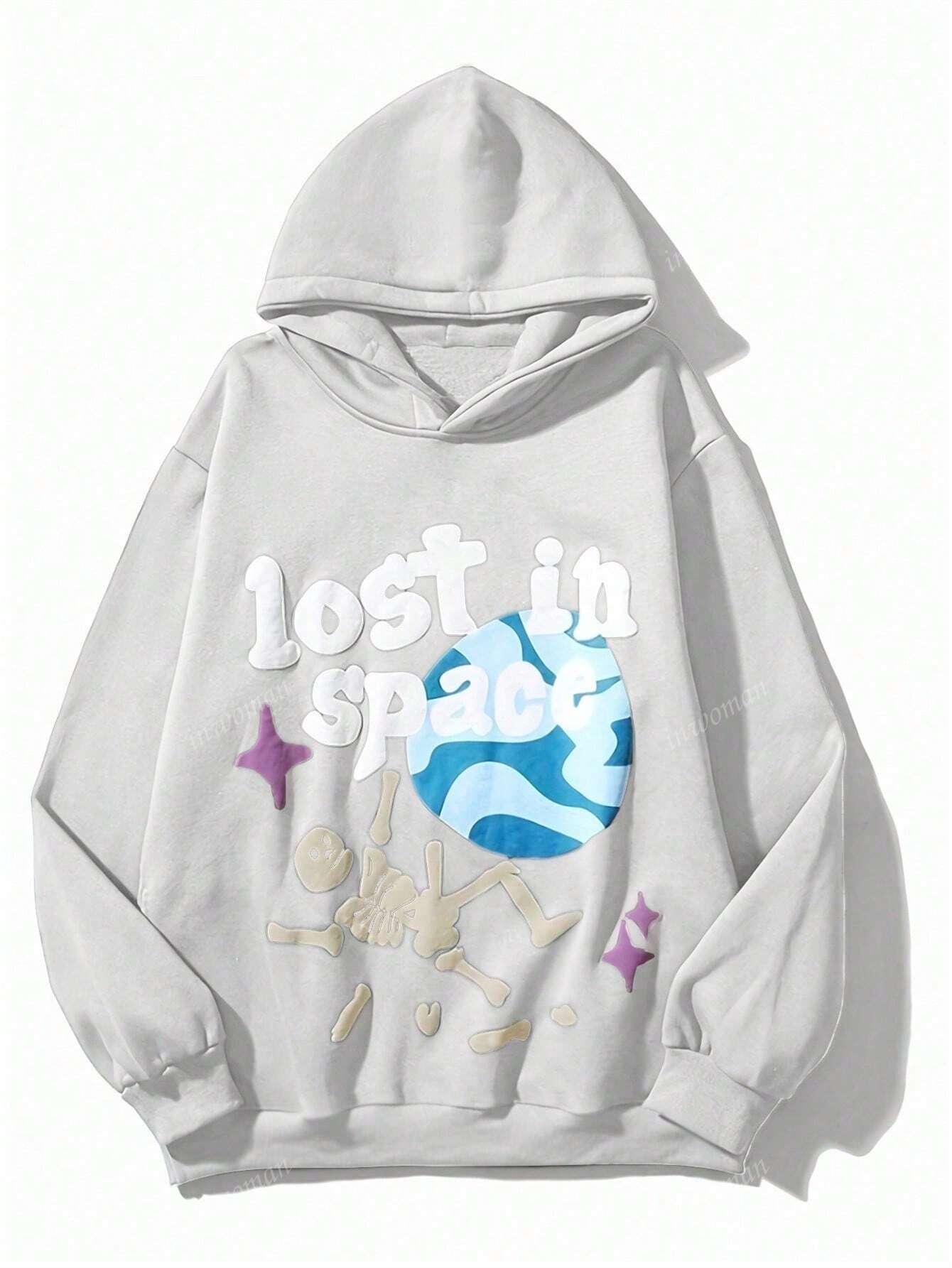 Summer Fall Gray Letter Street Graphic Loose Long Sleeve Hoodie For Woman