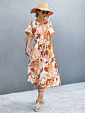 Round Neck Short Sleeve Tie Waist Midi Dress