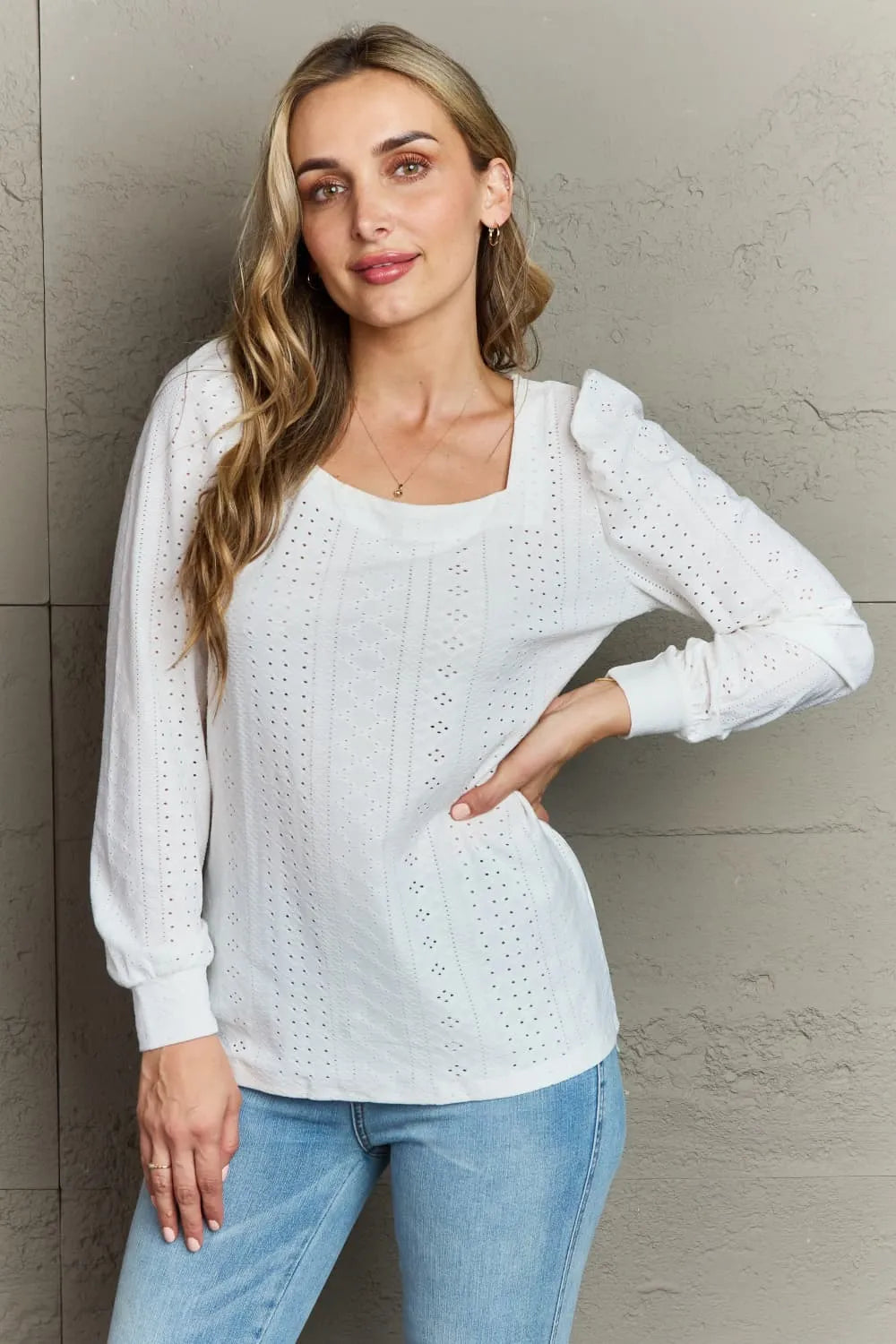 Eyelet Square Neck Puff Sleeve Blouse