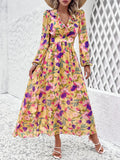 Cutout Printed V-Neck Balloon Sleeve Dress