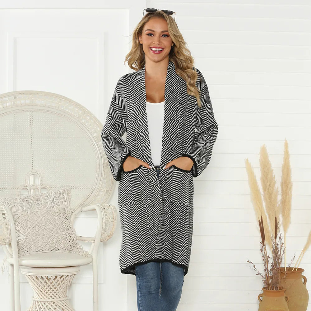 Geometric Open Front Cardigan with Pockets