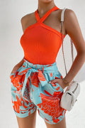 Halter Neck Top and Printed Tie Waist Pants Set