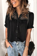 Black Lace Patchwork Short Sleeve Shirt