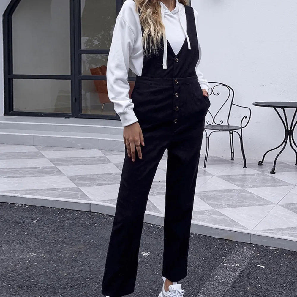 Button Front V-Neck Jumpsuit