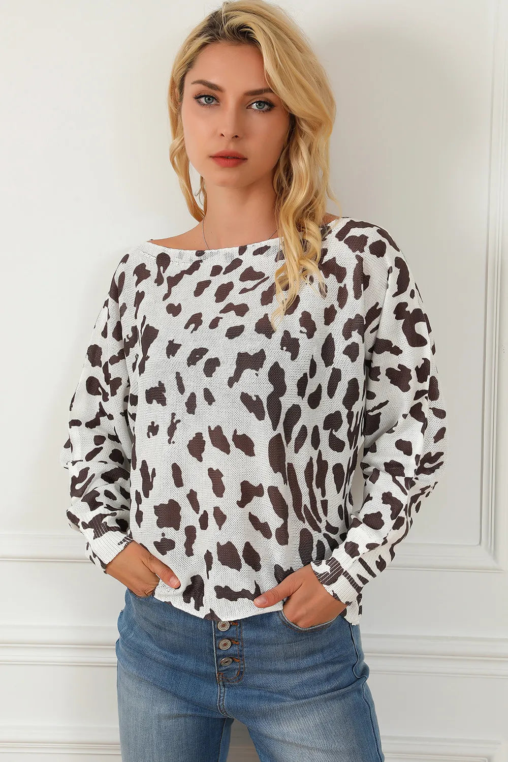 Leopard Boat Neck Long Sleeve Sweater