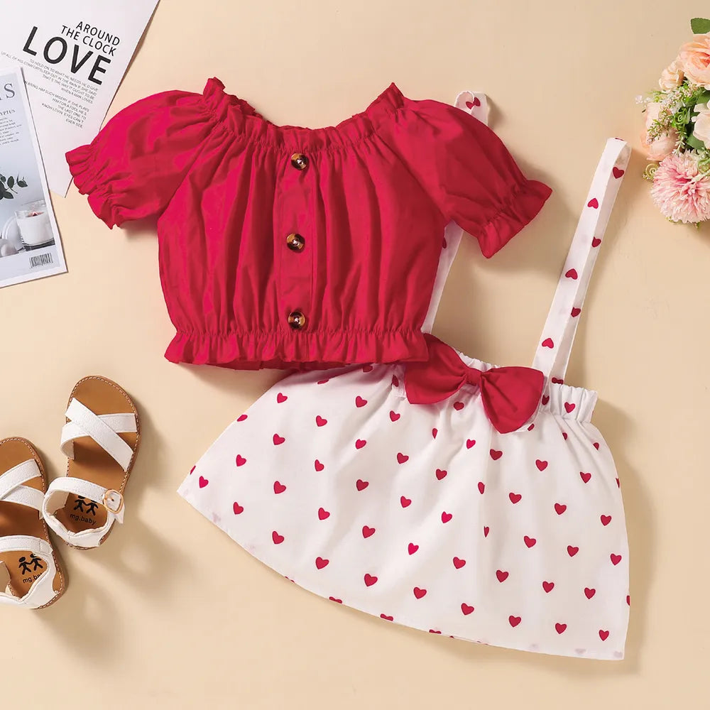 Girls Frilled Blouse and Heart Print Pinafore Dress Set