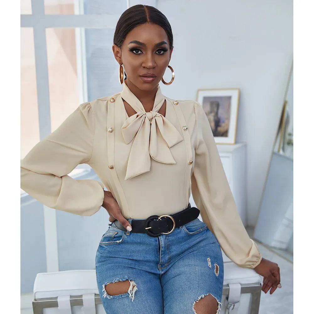 Tie Neck Bubble Sleeve Blouse