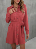 Button Down Belted Long Sleeve Shirt Dress