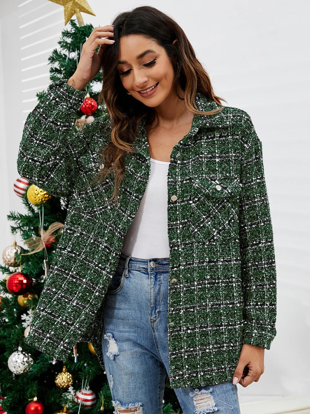 Plaid Collared Neck Button Front Jacket