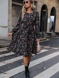 Printed Tie Belt Balloon Sleeve Dress