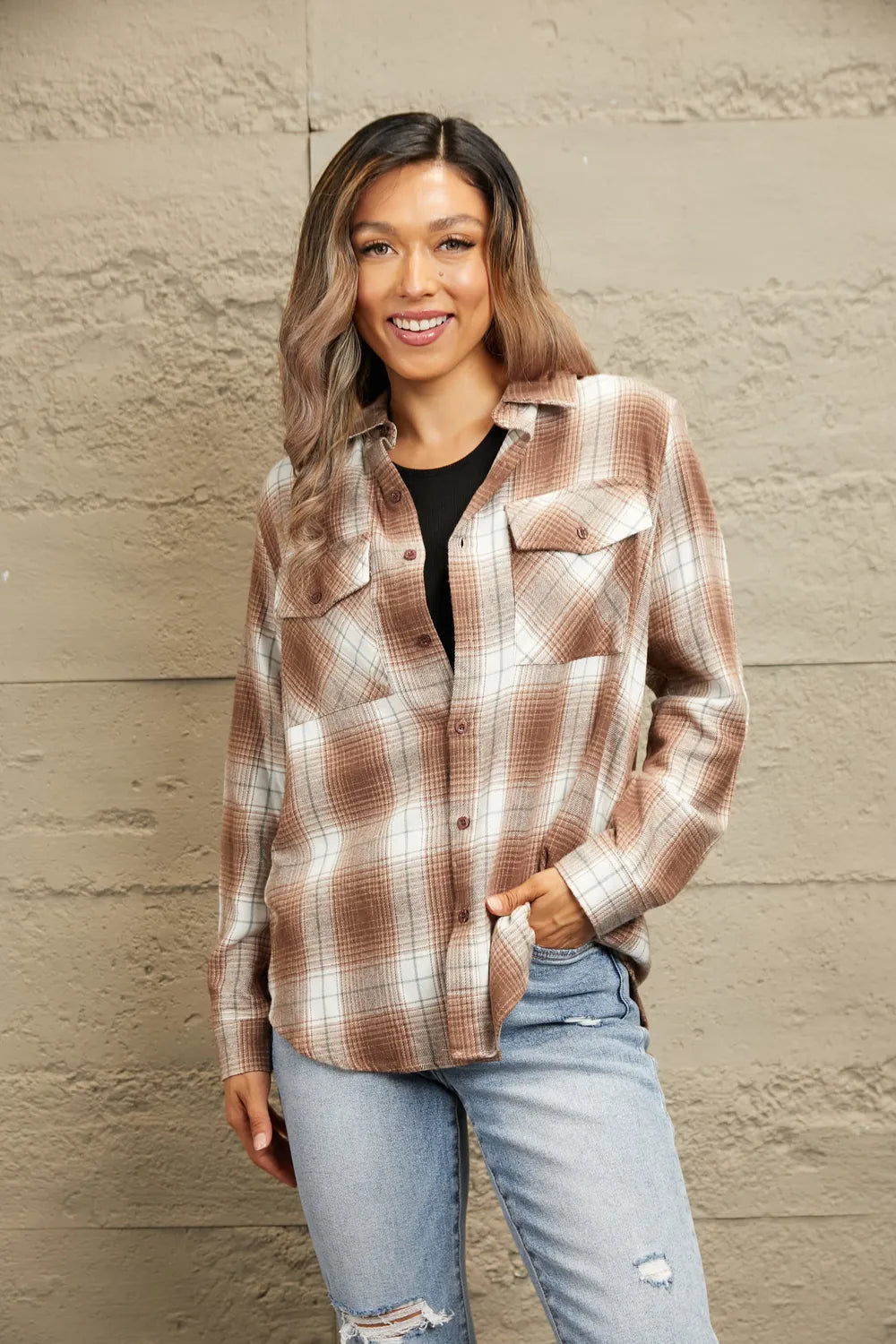 Plaid Collared Neck Long Sleeve Shirt