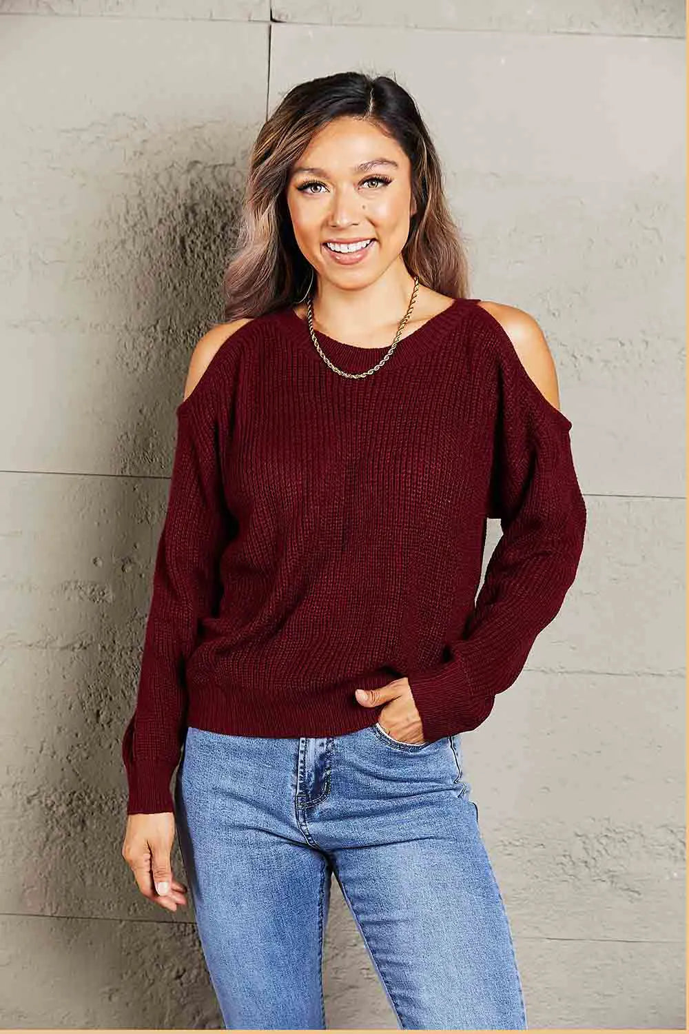 Round Neck Cold-Shoulder Ribbed Sweater