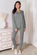 Basic Bamboo Full Size V-Neck Long Sleeve Top and Pants Lounge Set