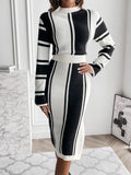 Slit Striped Mock Neck Sweater Dress