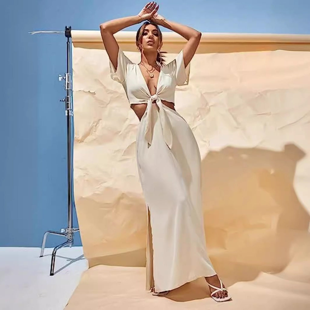 Plunging Neck Knot Front Cut Out Waist Split Thigh Dress