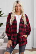 Gingham Fuzzy Fleece Open Front Hooded Coat
