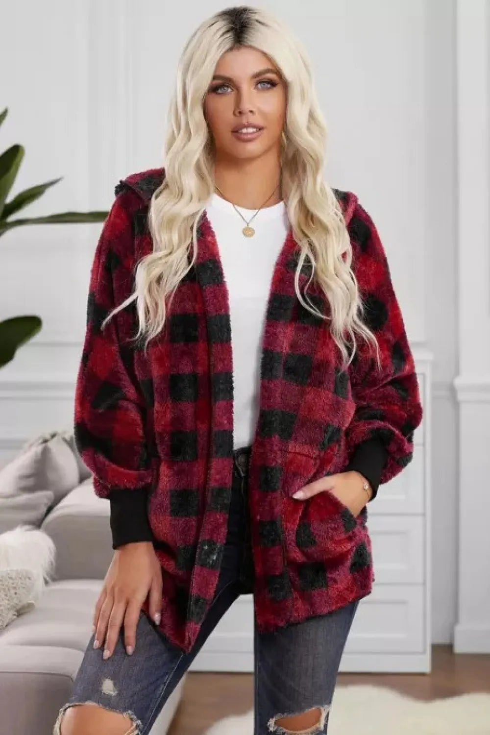 Gingham Fuzzy Fleece Open Front Hooded Coat