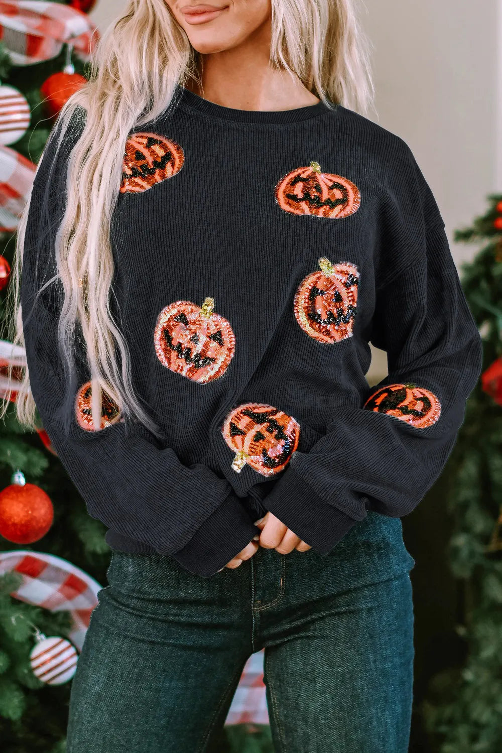 Sequin Patch Pumpkin Round Neck Sweatshirt