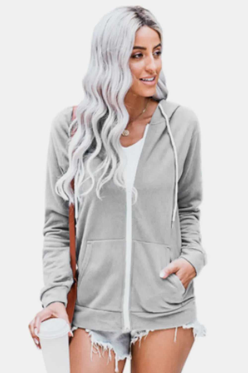 Pocketed Zip Open Front Hoodie