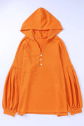 Puff Sleeve Side Slit Buttoned Waffle Knit Hoodie