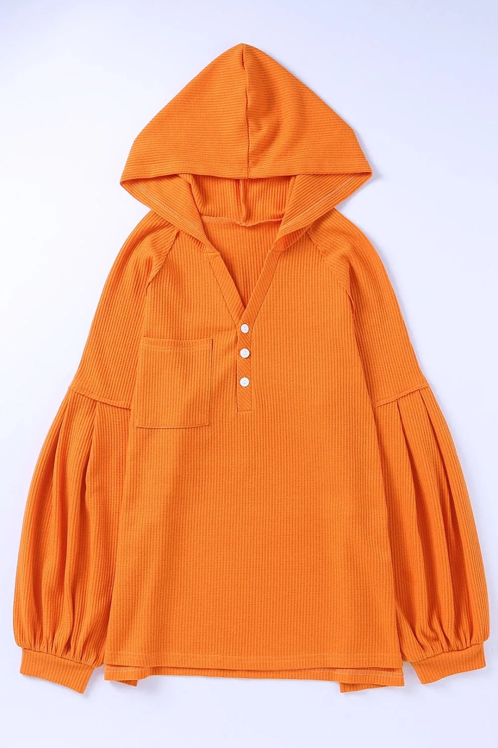 Puff Sleeve Side Slit Buttoned Waffle Knit Hoodie