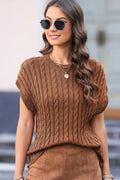 Cable-Knit Round Neck Cap Sleeve Sweater