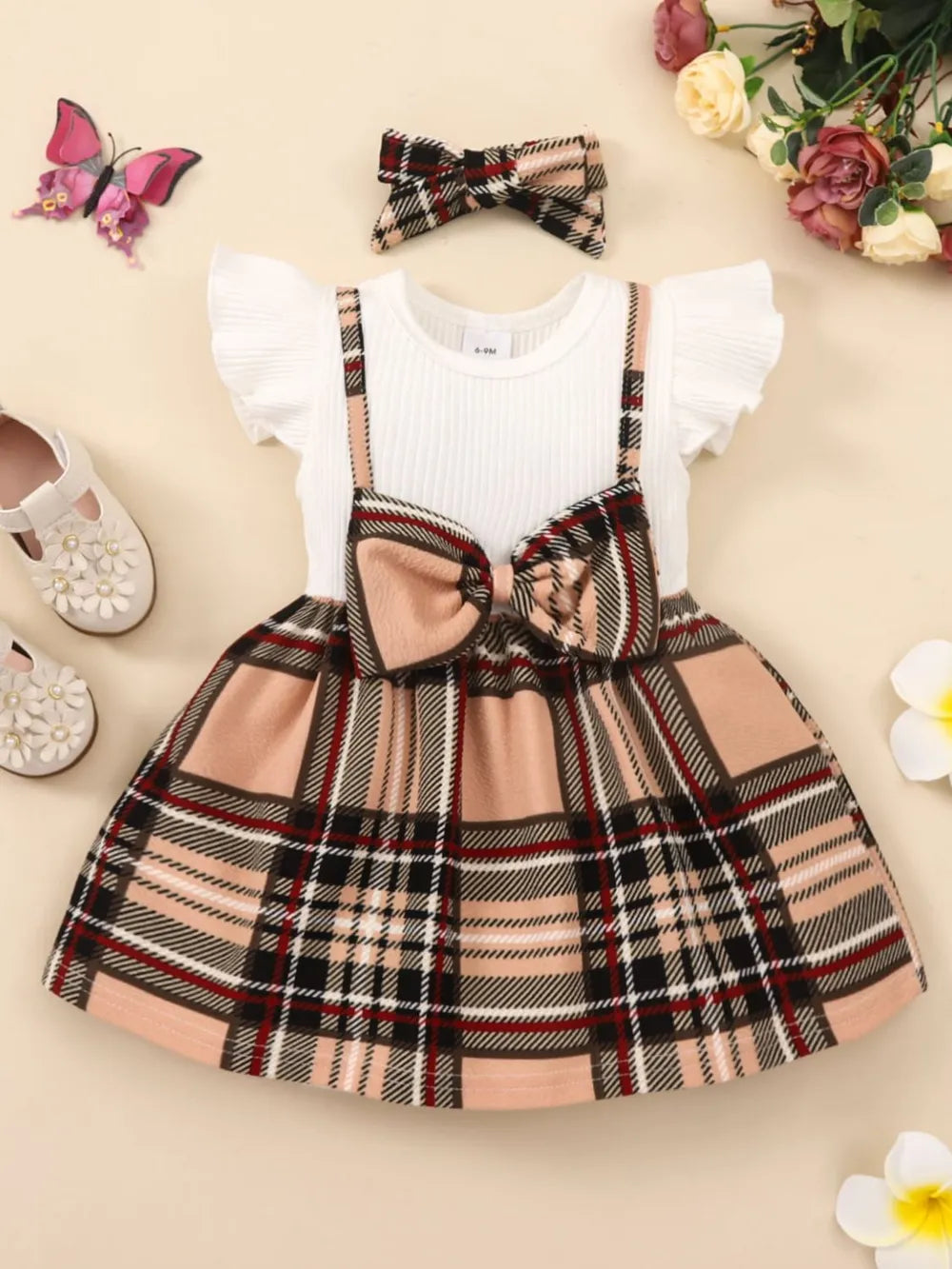 Girls Plaid Bow Detail Ribbed Dress