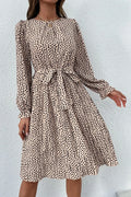 Printed Round Neck Belted Pleated Dress