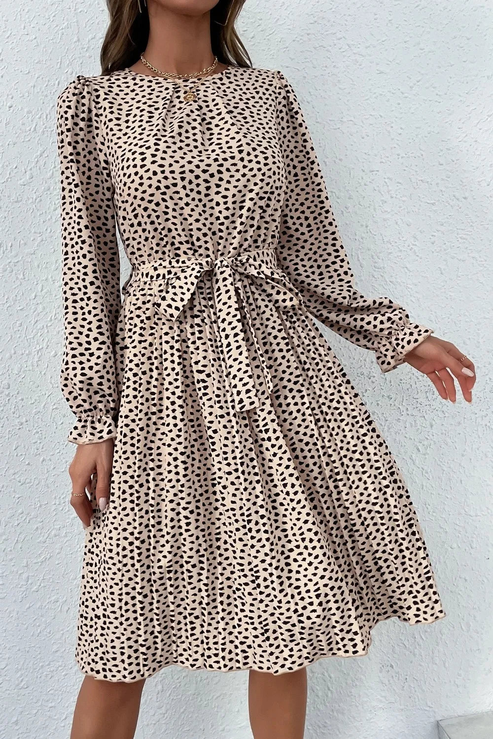 Printed Round Neck Belted Pleated Dress