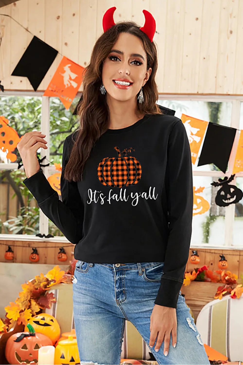 Halloween Plaid Pumpkin Graphic Sweatshirt缺图