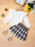 Girls Ruffle Shoulder Top and Plaid Skirt Set