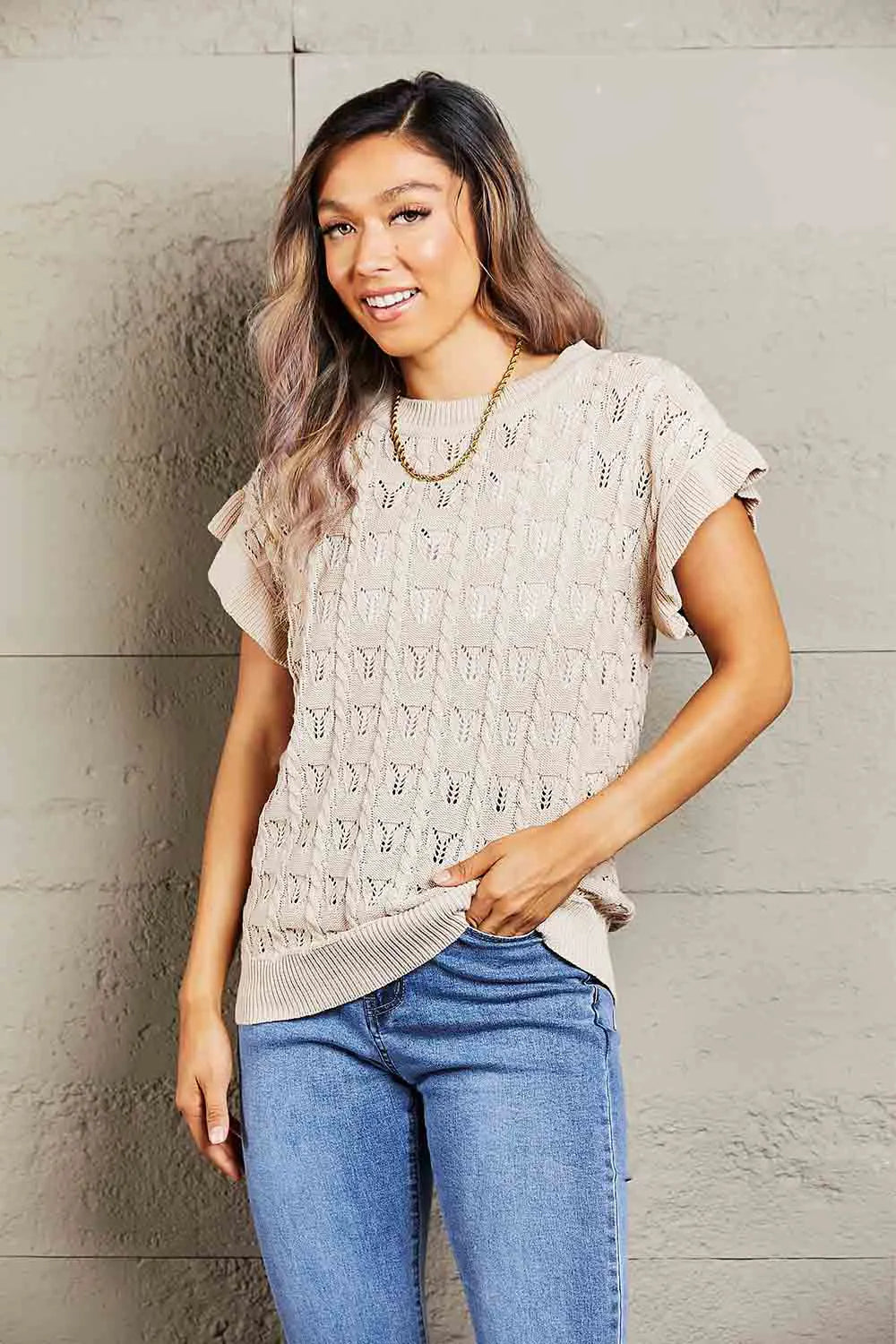 Round Neck Short Sleeve Cable-Knit Top