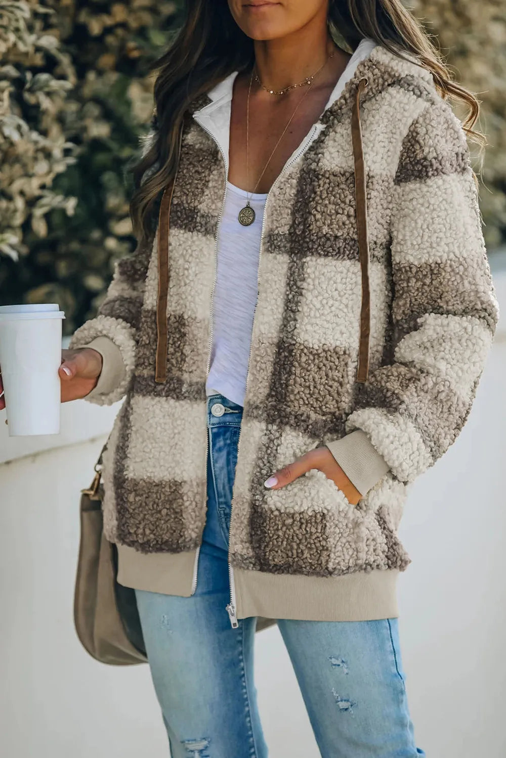 Plaid Print Zipper Fleece Hooded Coat