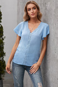 Solid Lace Trim V-Neck Top