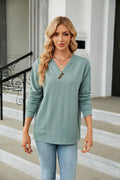 Decorative Button V-Neck Long Sleeve T-Shirt