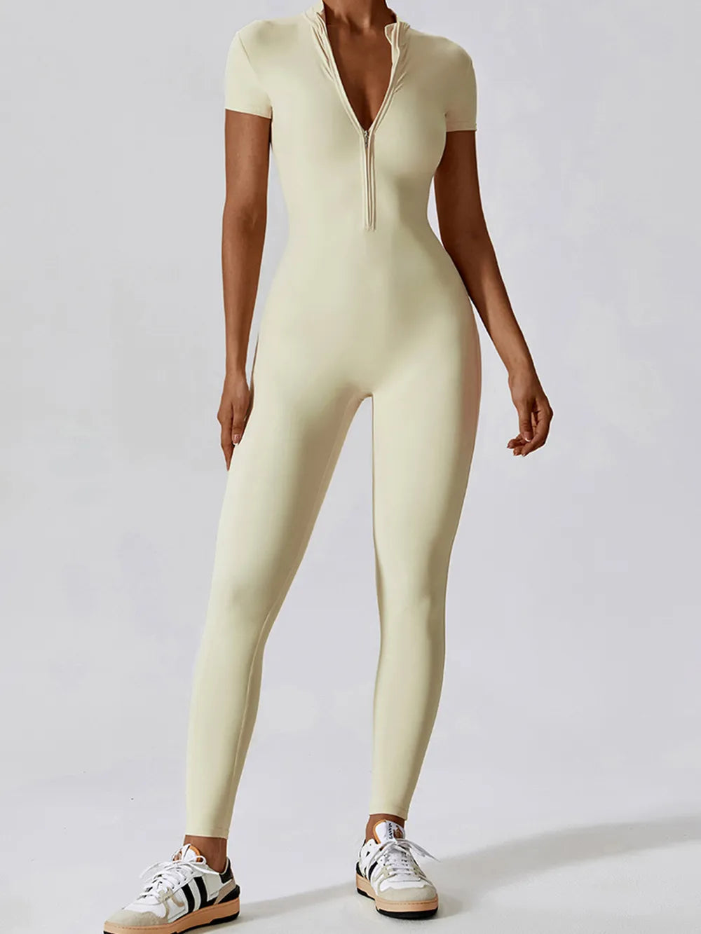 Basic Half Zip Short Sleeve Active Jumpsuit