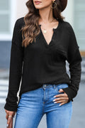 Waffle-Knit Notched Dropped Shoulder Blouse