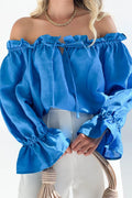 Drawstring Off-Shoulder Flounce Sleeve Blouse