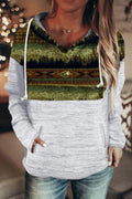 Geometric Drawstring Long Sleeve Hoodie with Pocket