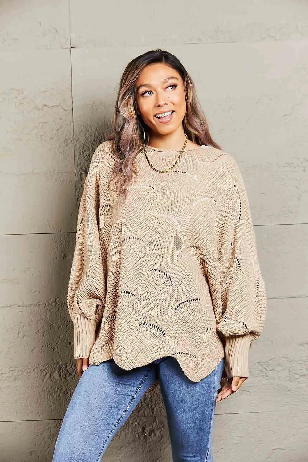 Openwork Boat Neck Sweater with Scalloped Hem