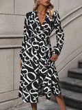 Printed V-Neck Long Sleeve Midi Dress
