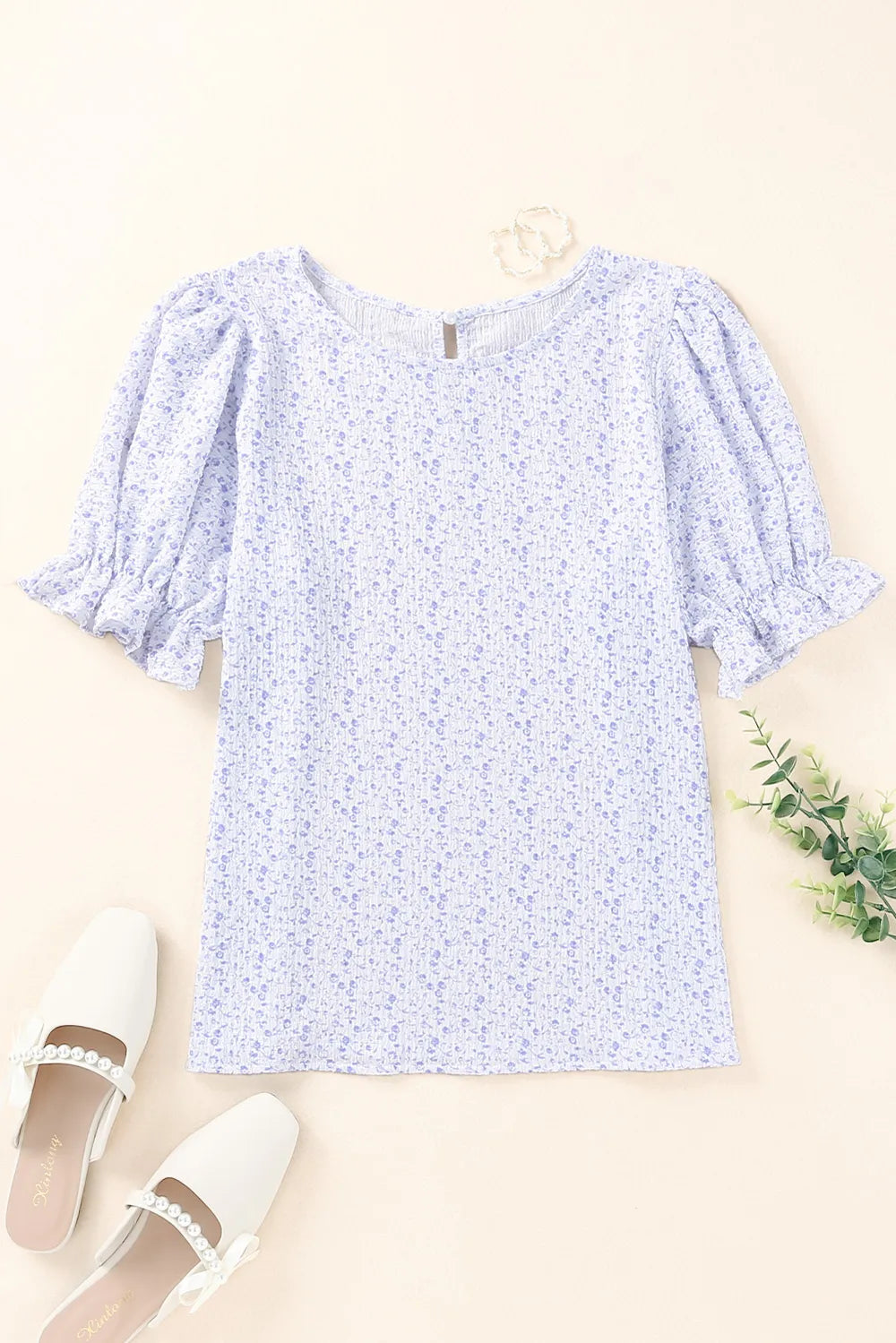 Printed Round Neck Half Flounce Sleeve Top