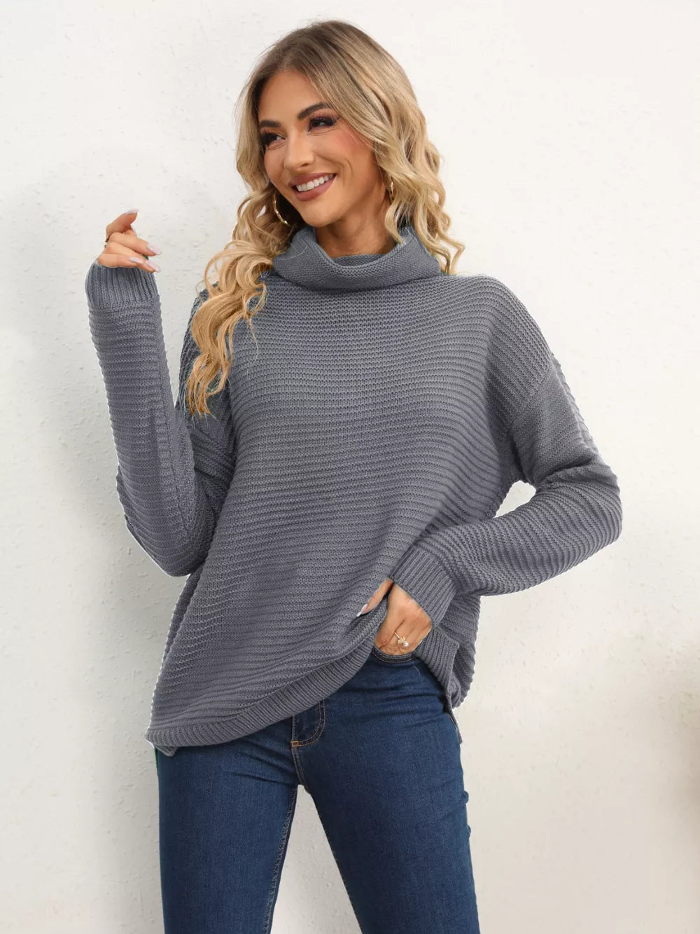 Slit Turtleneck Dropped Shoulder Sweater